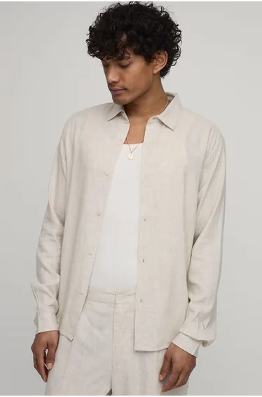 قميص كتان بأكمام طويلة لون بيج