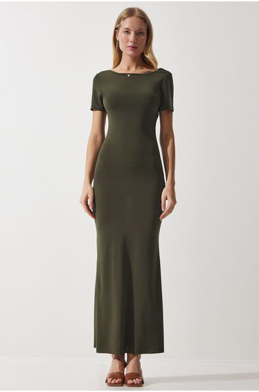 Women's Khaki Low-cut Long Sandy Knitted Dress