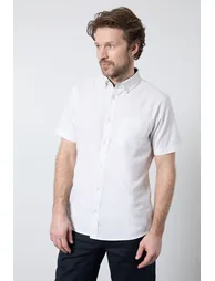 White Short Sleeve Linen Blend Shirt