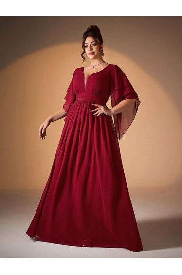Leely Plus Women's Elegant V Neck Flare Sleeve Chiffon A-Line Dress