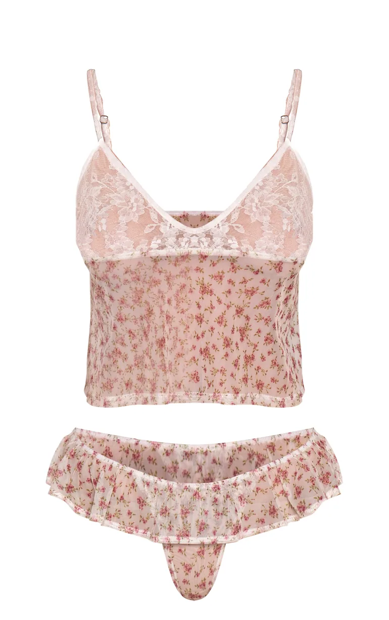 Cream Ditsy Floral Lace Bust Flowy Pyjama Cami & Frill Short - 3