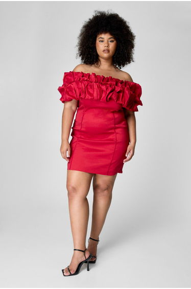 Plus Taffeta Ruched Bardot Mini Dress