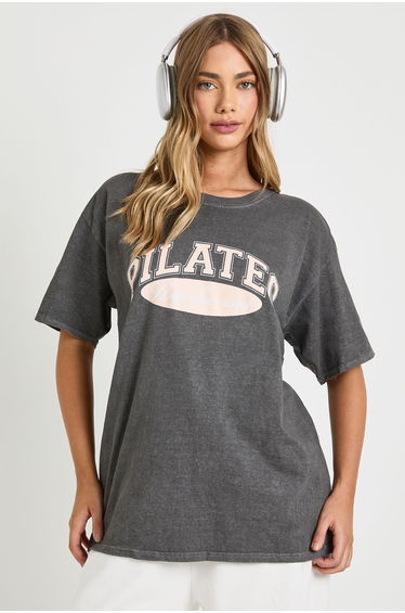 Pilates Graphic Print Oversized T-shirt - charcoal