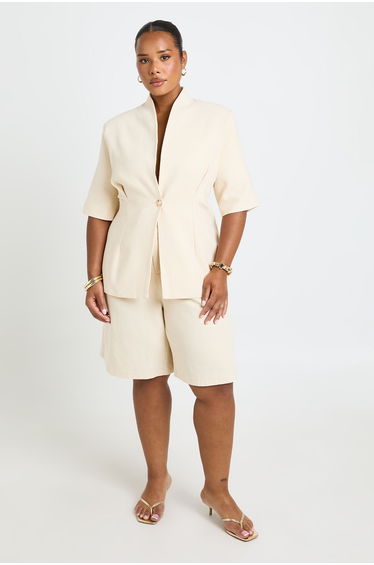 Plus Linen Tailored Longline Shorts - stone