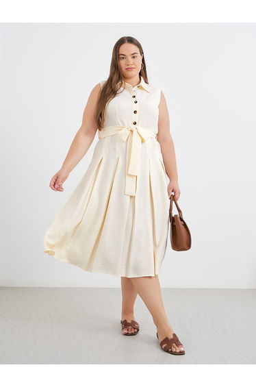Plus Cream Midi Dress with Tie Belt