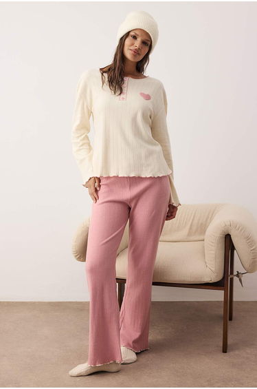 Ecru-Pink Cotton Polyester Heart Baby Overlock Camisole Knitted Pajamas Set