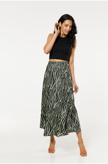 Green Zebra Print Satin Silk Blend Maxi Skirt