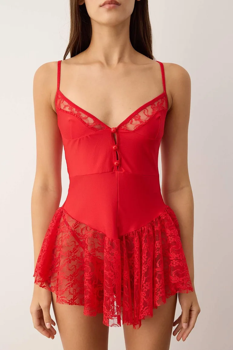 Red Jersey Buttoned Plain Cupless Babydoll - 1