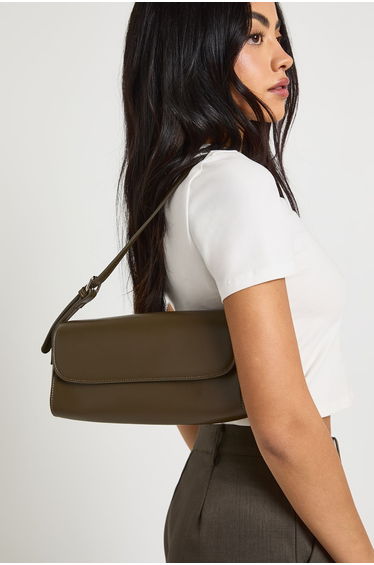 Structured Fold Over Baguette Shoulder Bag - khaki