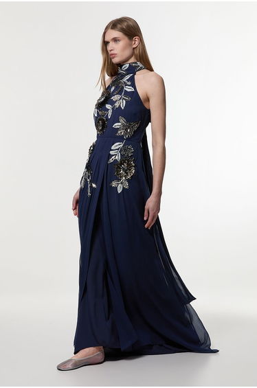 Petite Floral 3D Embellished Halter Tie Neck Woven Maxi Dress