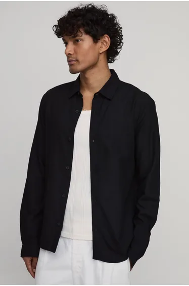 قميص كتان بأكمام طويلة - أسود