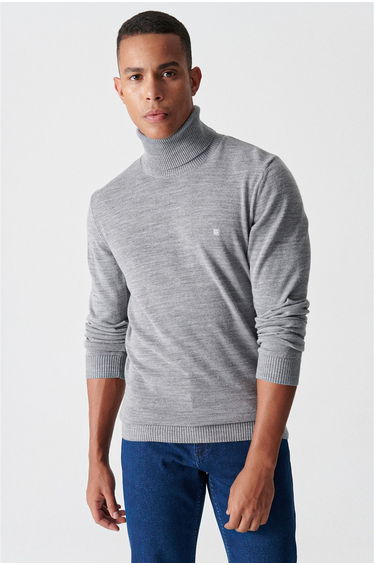 Gray Unisex Knitwear Sweater Full Turtleneck Non-Pilling Standard Fit Regular Cut