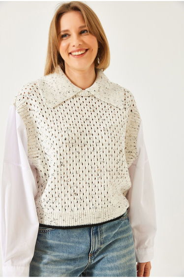 LUCCI Textured Knit Crop Sweater with Shirt Collar