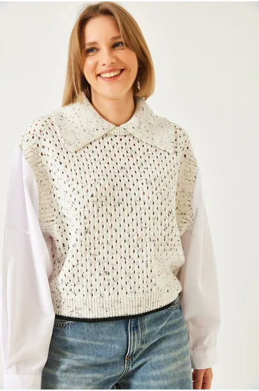 LUCCI Textured Knit Crop Sweater with Shirt Collar