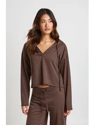 Stripe Loose Fit Top With Hood - chocolate - 3