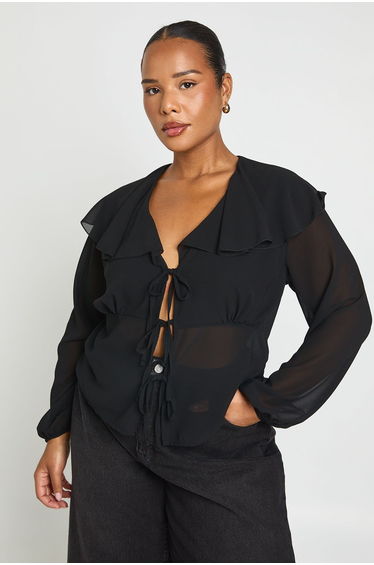 Plus Tie Front Long Sleeve Blouse - black