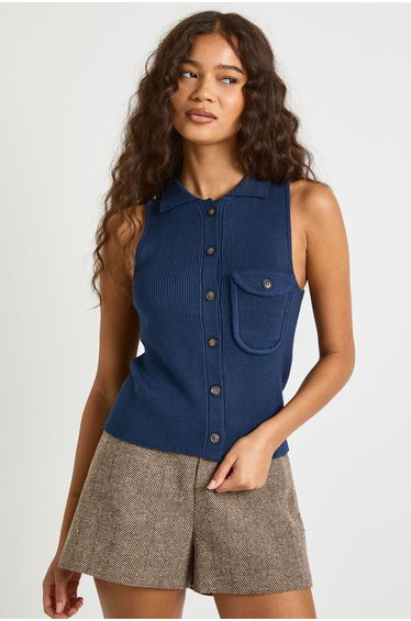 Premium Chunky Rib Pocket Detail Knitted Waistcoat - navy