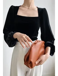 Square Neck Bubble Sleeve Velvet Top - 1