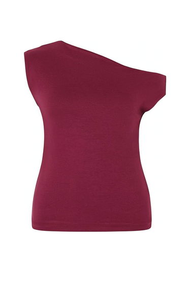 Burgundy Premium Soft Fabric Fitted Kayak/Madonna Collar Stretchy Knitted Blouse