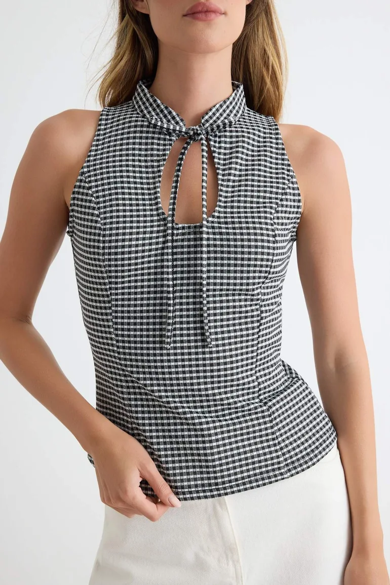 Black Plaid Fitted Keyhole Collar Sleeveless Tie Detailed Textured Knitted Blouse - 2
