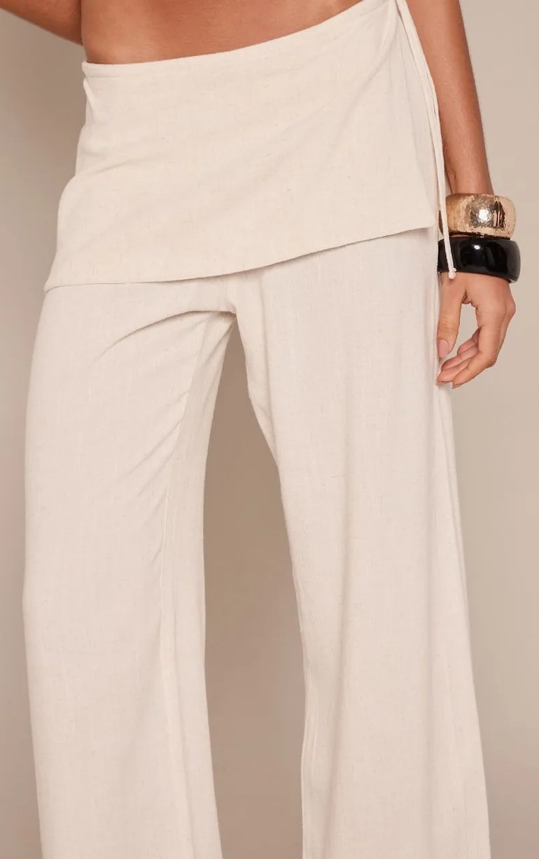 Stone Linen Look Overlay Detail Wide Leg Trouser - 3