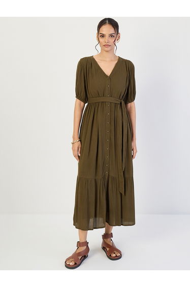 Women Olive Crinkled V-Neck Dress