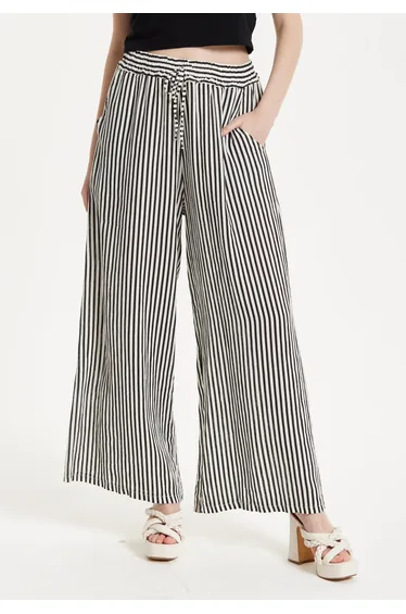 Black and White Striped Linen Wide Leg Trousers