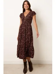 V Neck Midi Dress With Shirred Waist Button Front