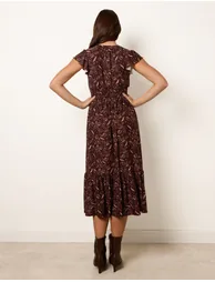 V Neck Midi Dress With Shirred Waist Button Front - 4