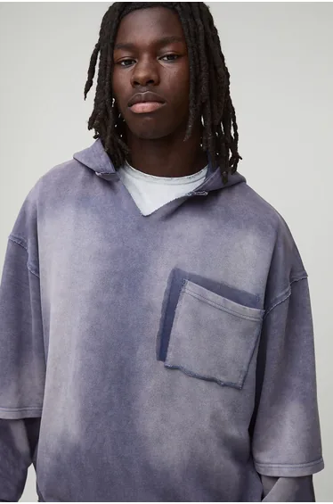 Navy Oversized Stone Washed Raw Collar Pocket Hoodie - navy