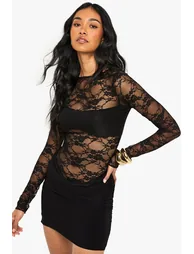 Lace and Slinky Mix Mini Dress - black - 1