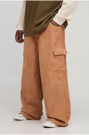 Plus Washed Cord Baggy Fit Cargo Trousers - tan