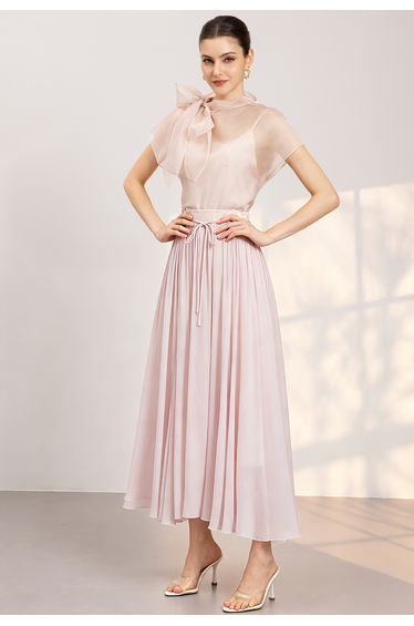 Wispy Self-Tie Waist Asymmetrical Hem Maxi Skirt in Pink