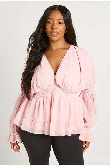 Plus V Neck Blouson Sleeve Volume Smock Top - dusty pink