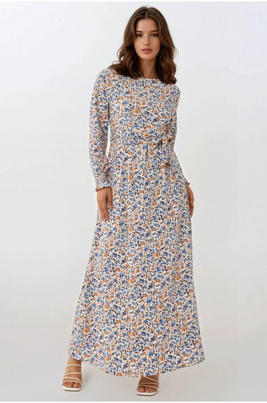 Flowering Crew Neck Maxi Dress with Belt