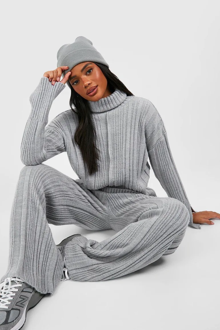 Soft Mixed Rib Knit Wide Leg Trousers - silver - 2