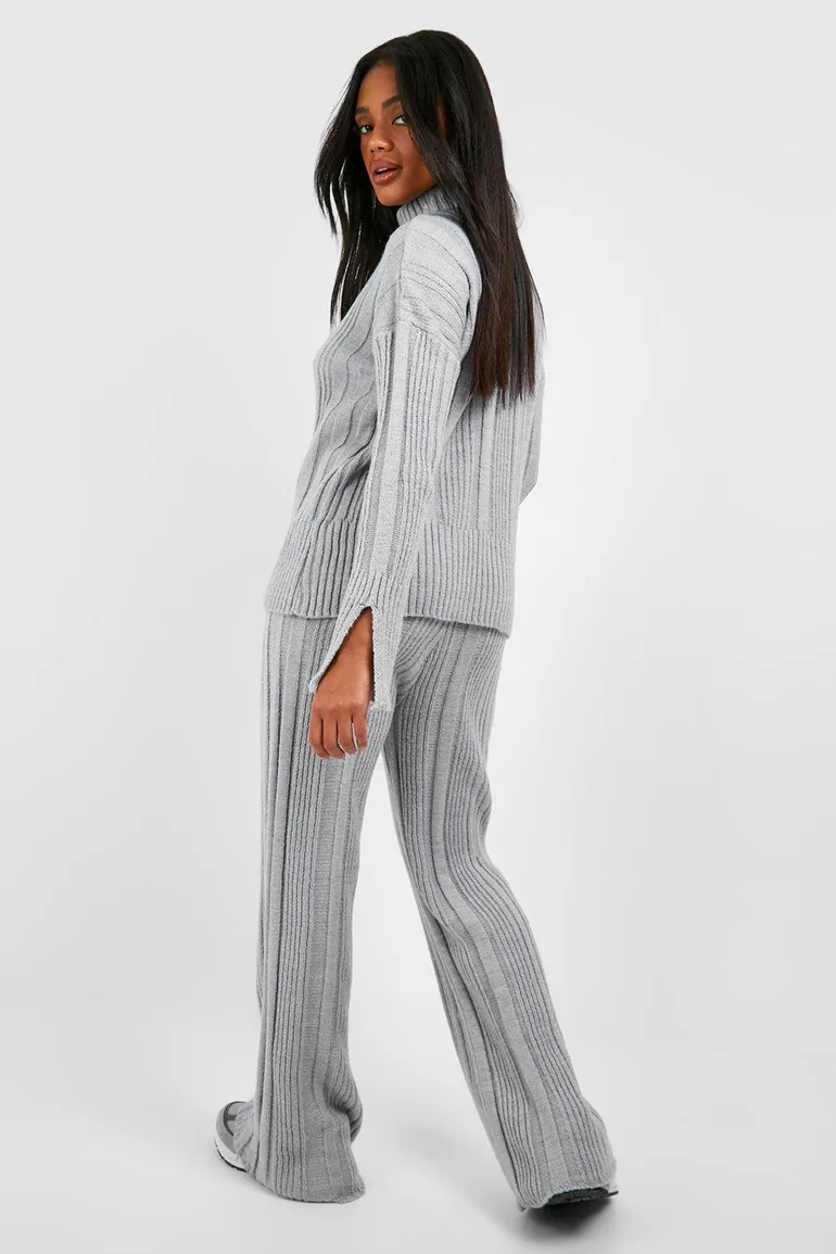 Soft Mixed Rib Knit Wide Leg Trousers - silver - 1