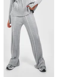 Soft Mixed Rib Knit Wide Leg Trousers - silver - 3