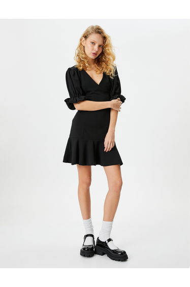 Mini Dress V Neck Short Sleeve Ruffle Detail Back Zipper Closure