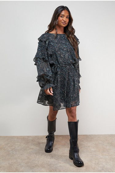 Printed Ruffle Batwing Sleeve Mini Dress