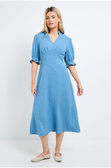 Lace Trim V Neck Puff Sleeve Midi Dress