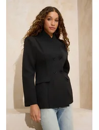 Black Shawl Collar Closure Detailed Woven Blazer Jacket - 1