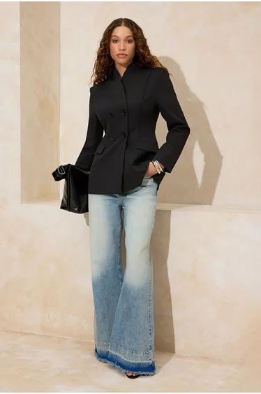 Black Shawl Collar Closure Detailed Woven Blazer Jacket