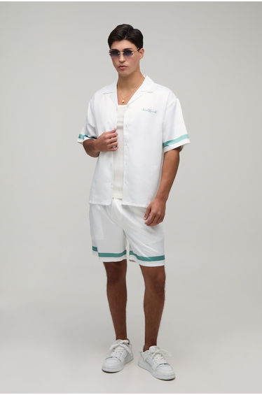 Oversized Half Sleeve Boarder Print Satin Shirt & Short Set - green
