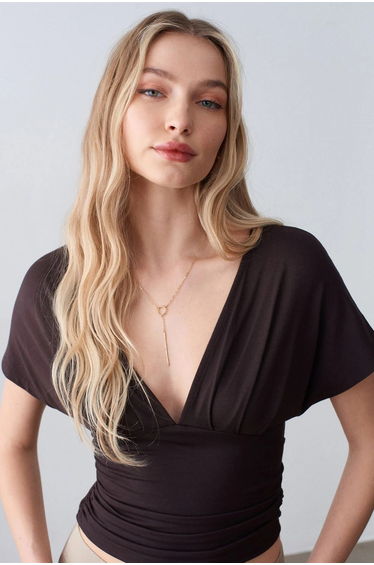 Dilvin Slim Fit V-Neck Tie Detail Blouse