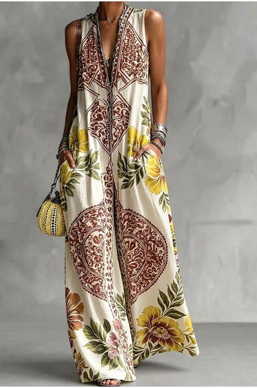 Loose Sleeveless Contrast Color Flower Print Pockets Deep V-Neck Jumpsuits