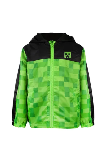 Minecraft Boys Creeper Hooded Waterproof Jacket - Green/Black
