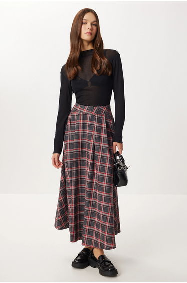 ISTANBUL Plaid High Waist Pleated Midi Skirt
