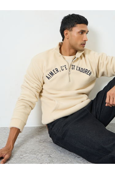 Men Off-White Embroidered Fleece Sweater