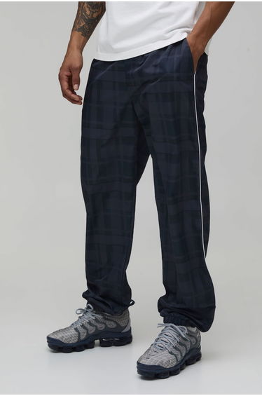 Relaxed Fit Check Print Nylon Trouser - navy